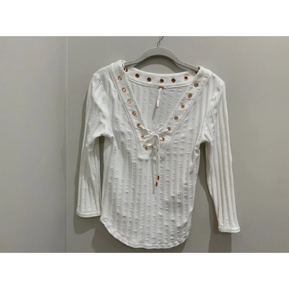 Free People White Ribbed Lace Up Long Sleeve Top Shirt Metal Eyelets M